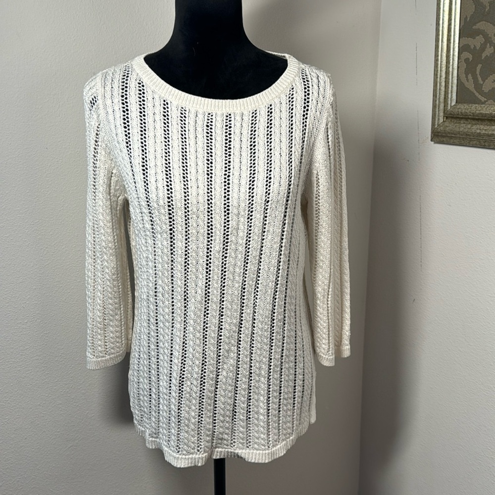 Talbots‎ ivory white loose knit crew neck linen blend sweater Sz L